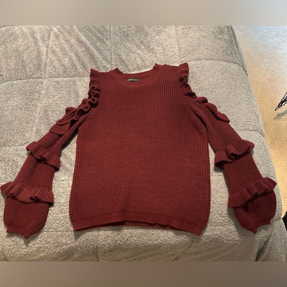 Ruffled Cold Shoulder Sweater